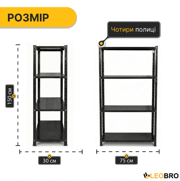 Стелаж з металевими полицями LEOBRO 150 х 75 х 30 см, 35кг/полиця, 4 полиці (LB-R125) LB-R125 фото